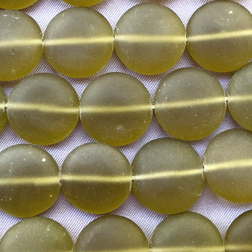 Dark Olivine 15mm Coin Sea Glass Beads Per Strand