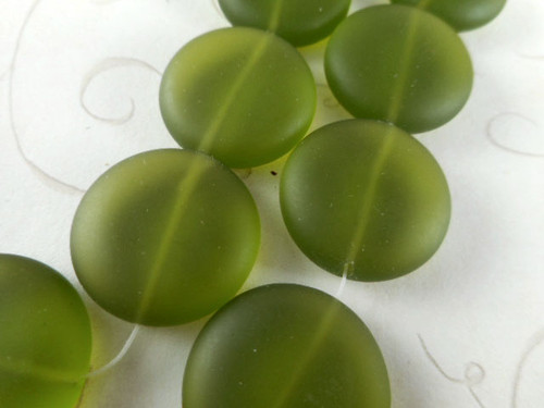 Dk Olivine 15mm Coin Sea Glass Beads Per Strand