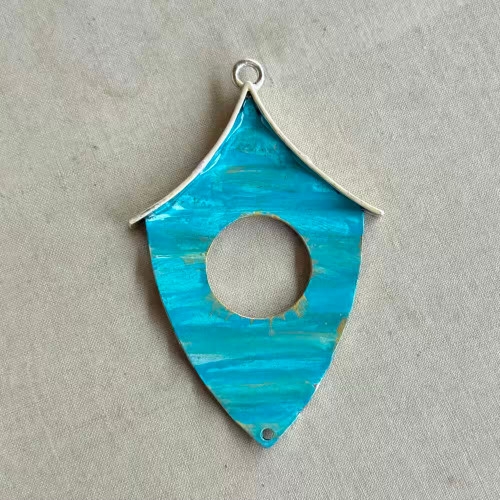 Teal Artisan Corrugated Tin Birdhouse Pendant 75x48mm Per Pc