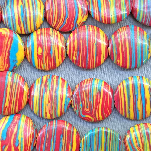 20mm Coin Festival Red Rainbow Dyed Calsilica Man-made Semi-Precious Beads Per Strand