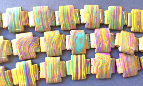 25mm Cross Festival Yellow Rainbow Dyed Calsilica Man-made Semi-Precious Beads Per Strand