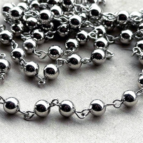 6mm Antique Silver Beaded Ball Chain Rosary Eyepin Links Plated Per Foot