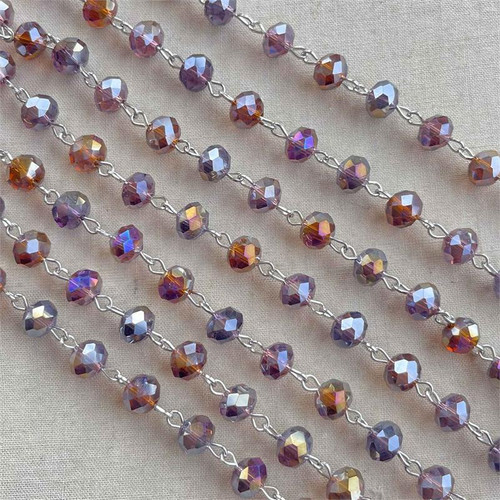 Amethyst AB Beaded Rosary Chain 8mm Crystal Rondelle Antique Silver Plated Per Foot