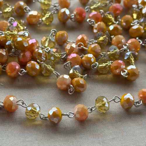 Amber Glow Beaded Rosary Chain 8mm Crystal Rondelle Antique Silver Plated Per Foot