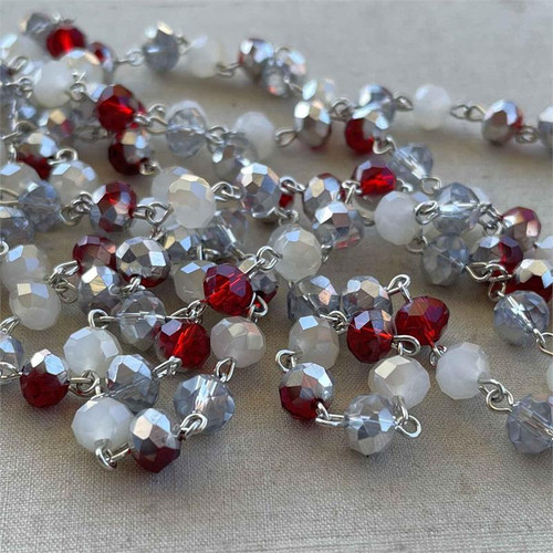 All That Glitters Red Beaded Rosary Chain 8mm Crystal Rondelle Antique Silver Plated Per Foot