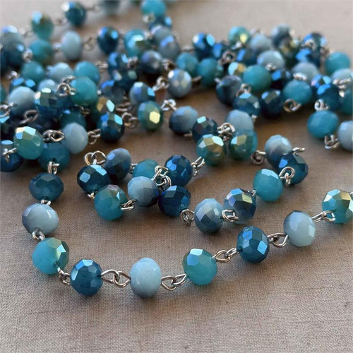 Tuscan Teal Beaded Rosary Chain 8mm Crystal Antique Silver Plated Per Foot