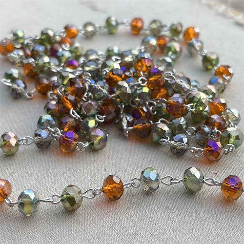 Autumn Hollow Beaded Rosary Chain 8mm Crystal Rondelle Antique Silver Plated Per Foot