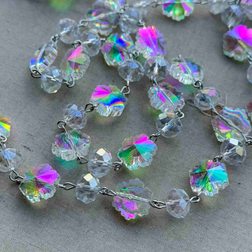 Snowflake Starlight Beaded Rosary Chain 14mm 10mm Multishape Antique Silver Plated Per Foot