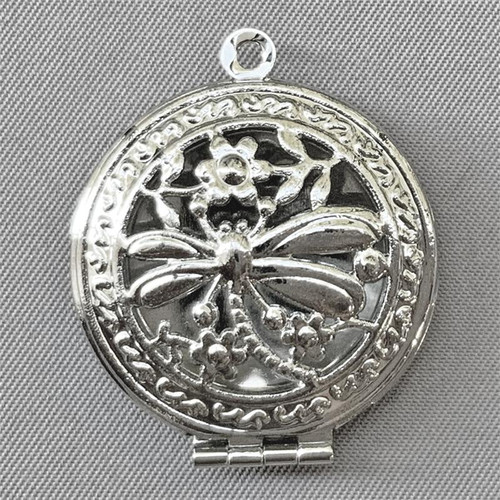 Dragonfly Flowers Memory Locket Pendants 18mm Antique Silver Plated Copper Q2 per Pkg