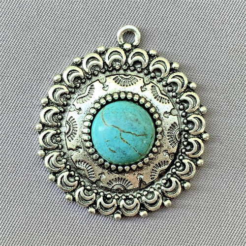 Imitation Turquoise Southwestern Medallion Charms 34x30mm Antique Silver Plated Alloy Q2 per Pkg