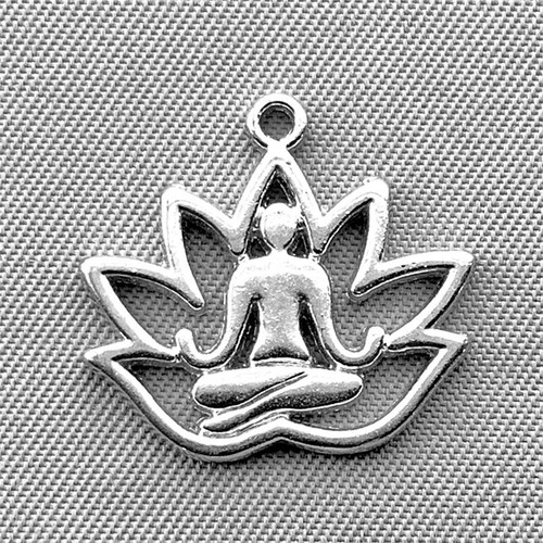 Easy Pose Yoga Lotus Flower Charms 16x18mm Antique Silver Plated Alloy Q6 Per Pkg