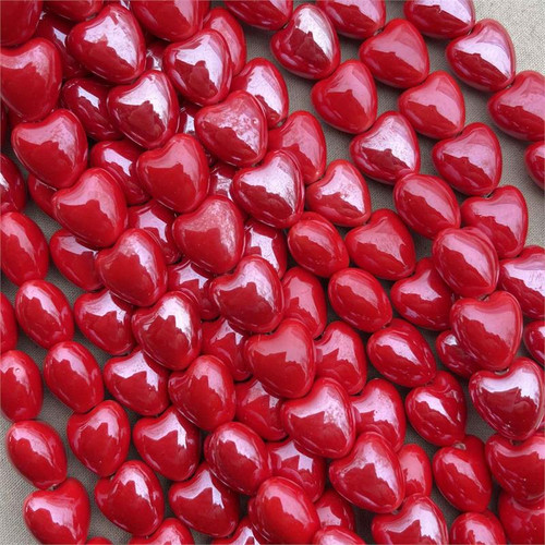 Puffy Heart Beads Cherry Red Porcelain Ceramic 12mm 10 Per Strand