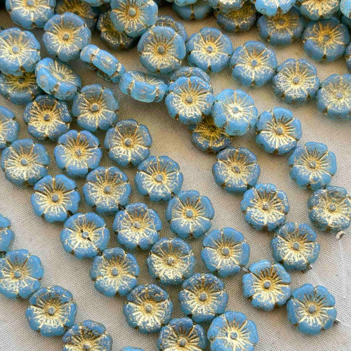 12mm Flower 5 Petal Czech Glass Beads Matte Gilded Denim 12Pcs Per Strand