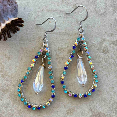 Glitz and Glamour Ocean Rhinestone Earrings Teardrop Artisan Made in the USA Per Pair