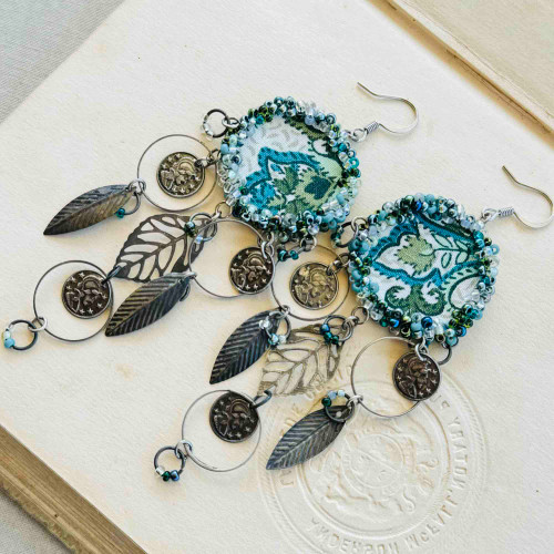 Teal Bohemia Dangles Earrings Coins Leaves Artisan Made in the USA Per Pair