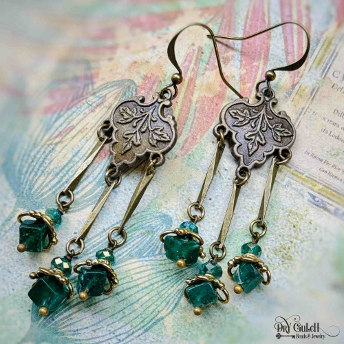 Emerald Oak Leaf Chandelier Earrings Brass Artisan Made in the USA Per Pair