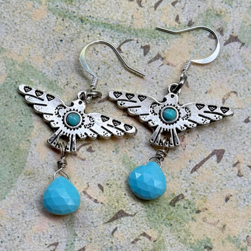 Thunderbird Turquoise Charm Earrings Silver Artisan Made in the USA Per Pair