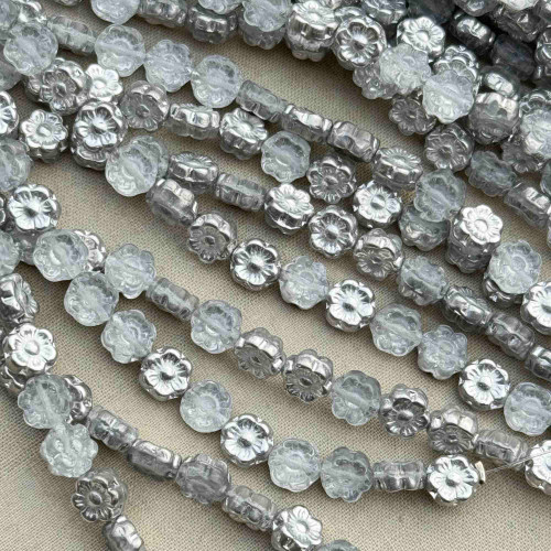 6.5mm Czech Glass Daisy Flower Beads Crystal Mercury 25 Pcs Per Strand