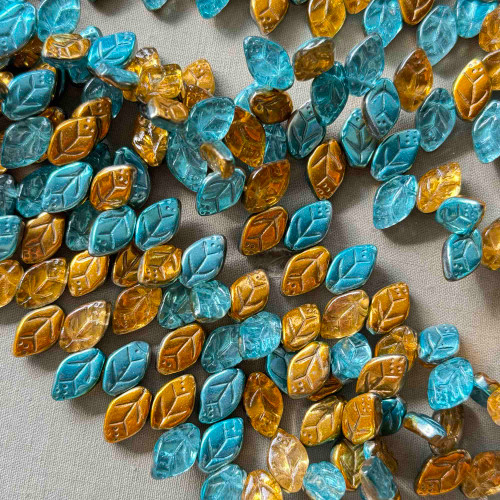 12x7mm Amber Turquoise Pressed Leaf Czech Glass 25 Beads Per Strand