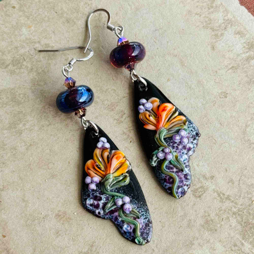 Dark Butterfly Wing Enameled Lampwork Earrings Artisan Made in the USA Per Pair