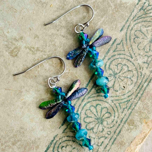 Teal Beaded Dragonfly Woven Treasures Earrings Artisan Made in the USA Per Pair