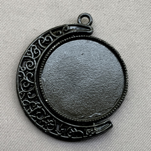 Filigree Moon Spinner Cabochon Memory Tray Pendants 39x34mm Black Enamel Plated Alloy Q3 Per Pkg