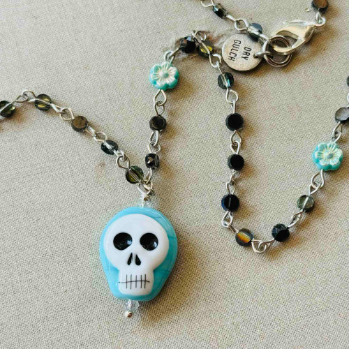 Sugar Skull Turquoise Lampwork Charm Necklace Silver Plated Artisan Made in the USA Per Pc