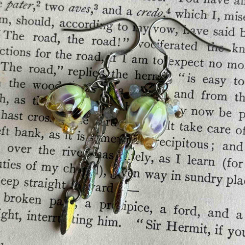 Blooming Green Lampwork Treasures Earrings Dangles Artisan Made in the USA Per Pair