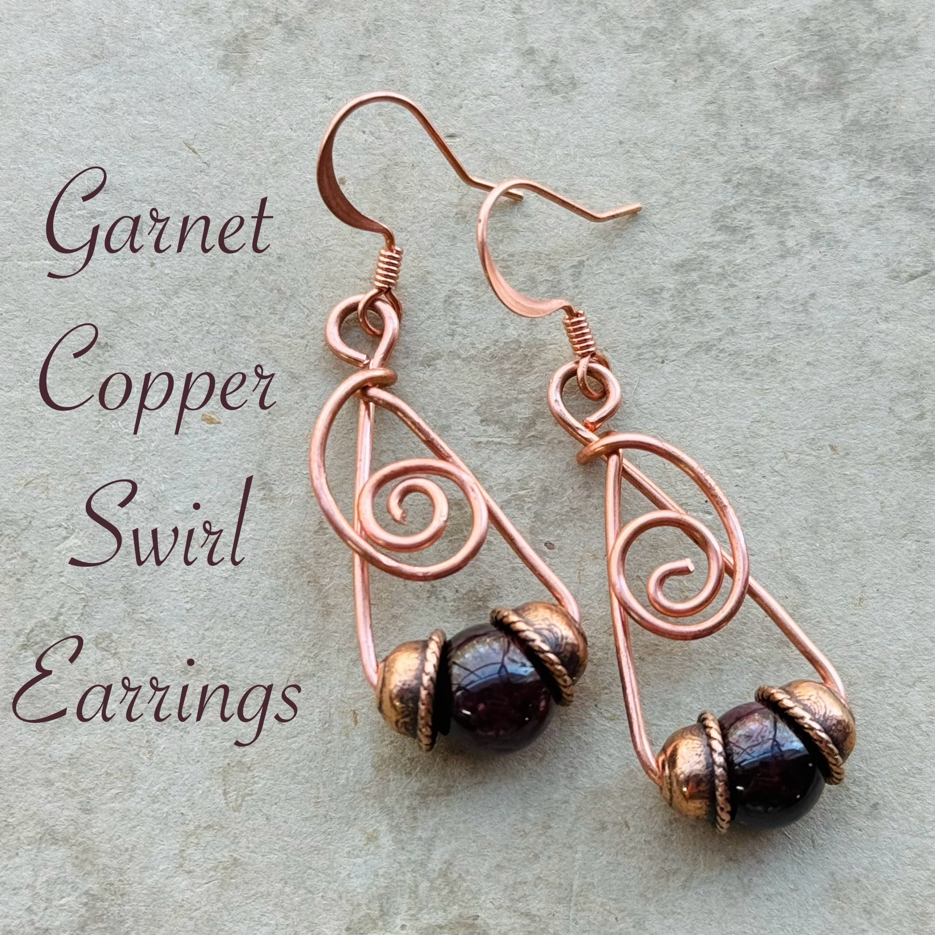 Garnet Copper Swirl Wire Earrings
