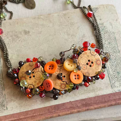 Harvest Festival Button Collage Necklace Swarovski Woven Wire