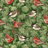 Henry Glass Holiday Botanical Birds on Pine Branches Green Cotton Fabric By The Panel