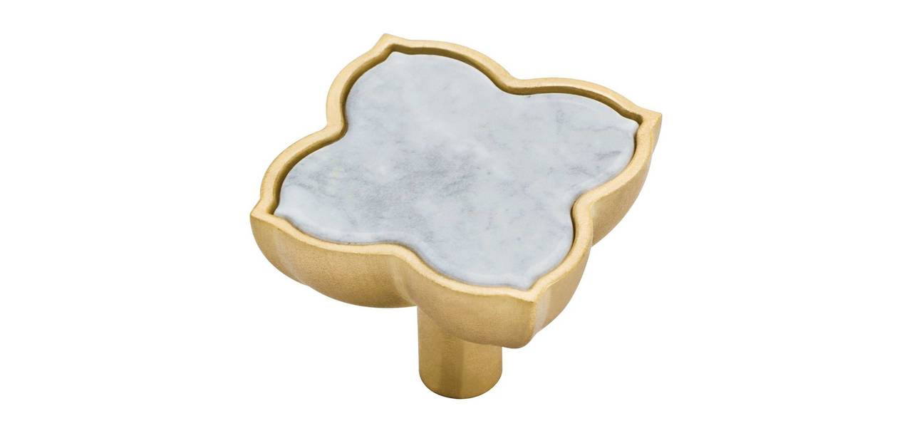 085-03-312​7 Quatrefoil 1 1/2" Marble & Brushed Brass Cabinet Drawer Knob 2 Pack