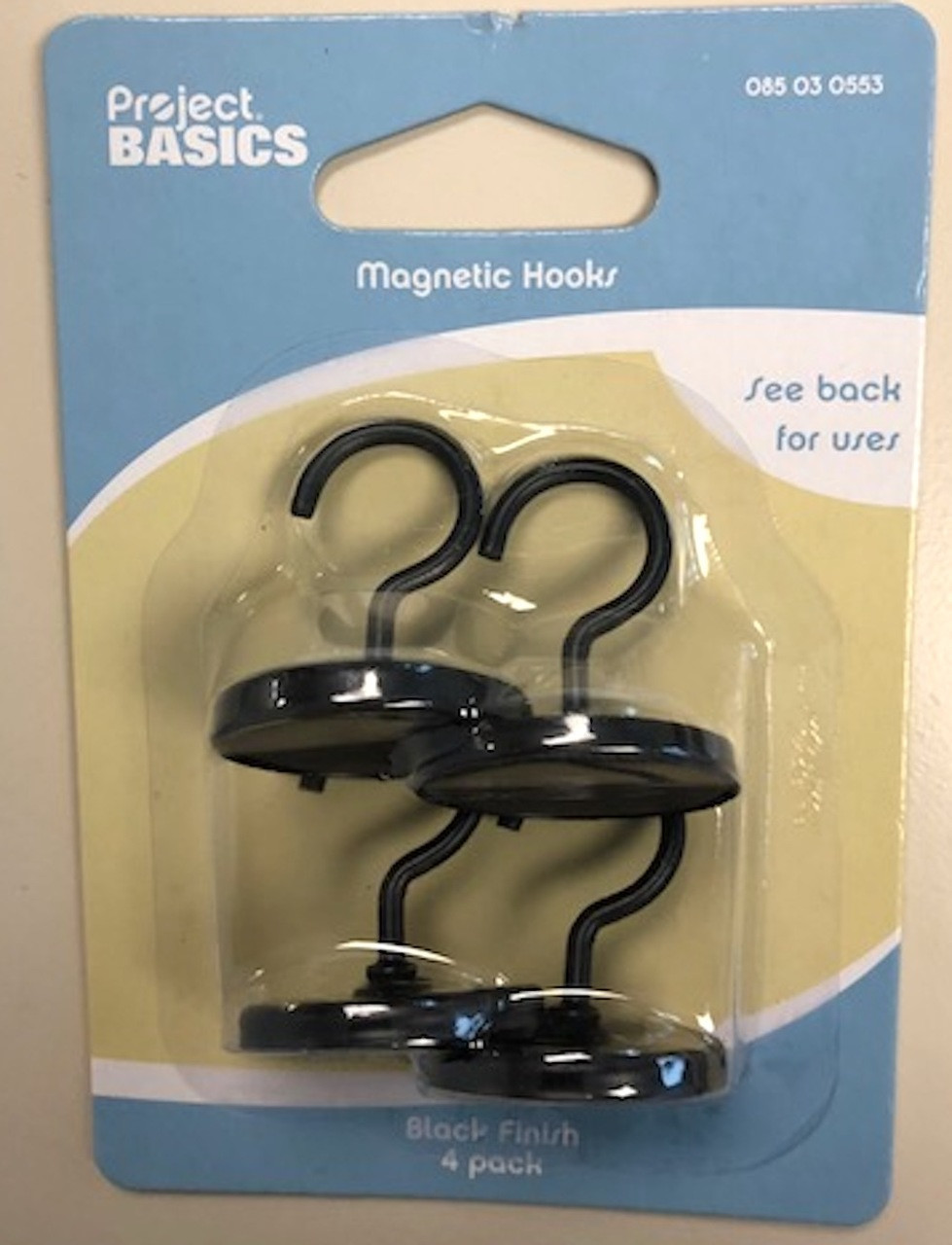 Project Basics 085-03-0553 Black Magnetic Hook Coat and Hat Hook Pack of 4