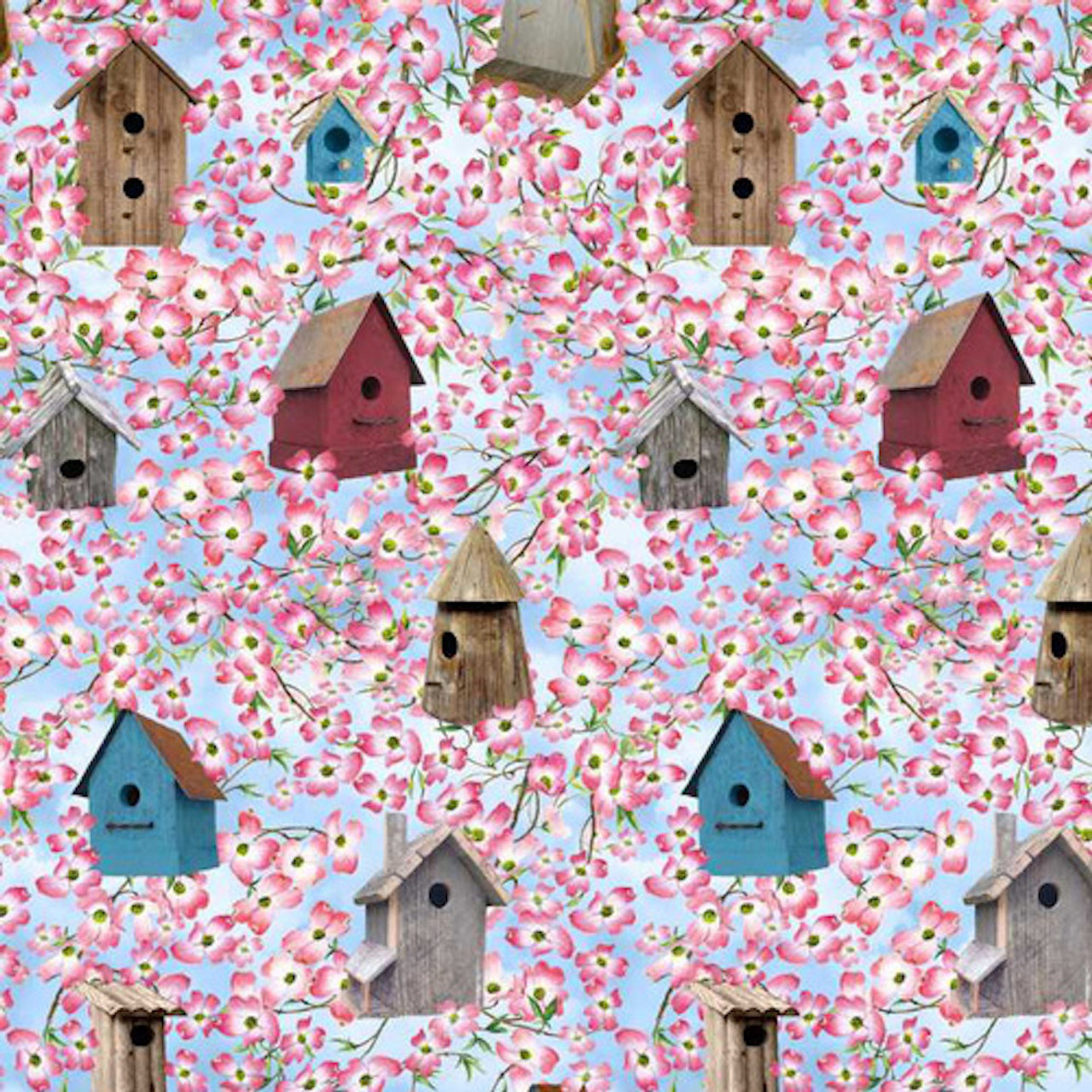 Blank Quilting 9011-11 Birds Of A Feather Birdhouses Lt Blue Fabric By Yard
