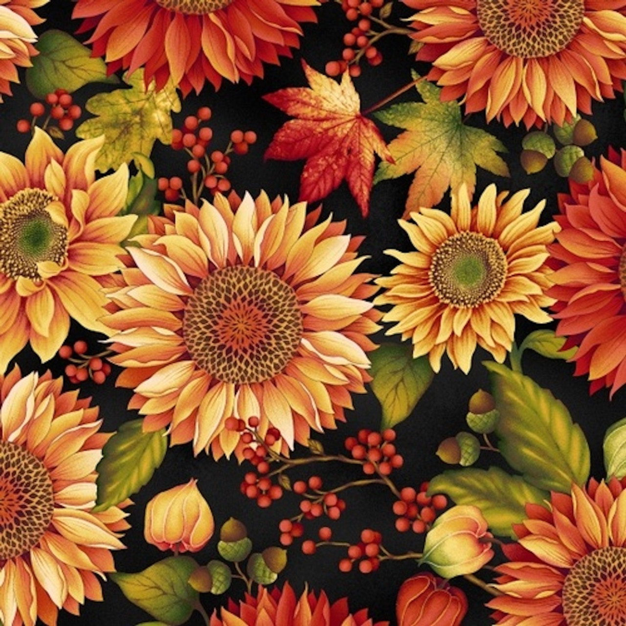 Sunflowers on Black, Fabric by the Yard, 100% Quilt Cotton 