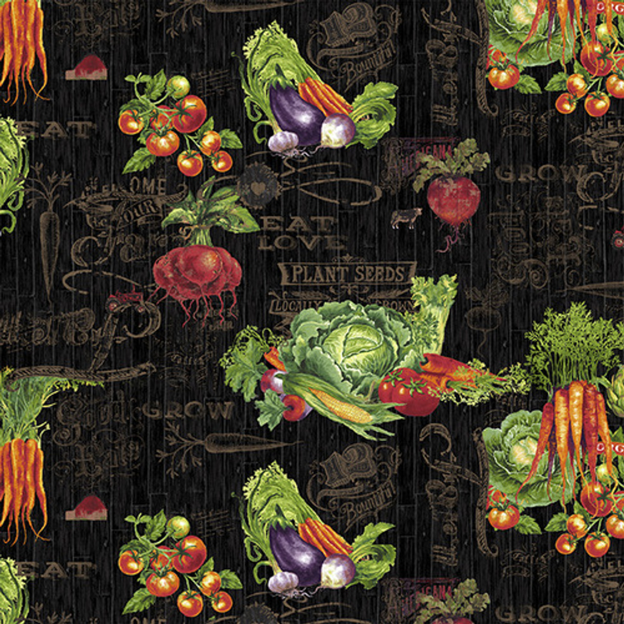 Studio E 4452-99 Farmers Market Veggie Toss Black Cotton Quilting Fabric By Yard