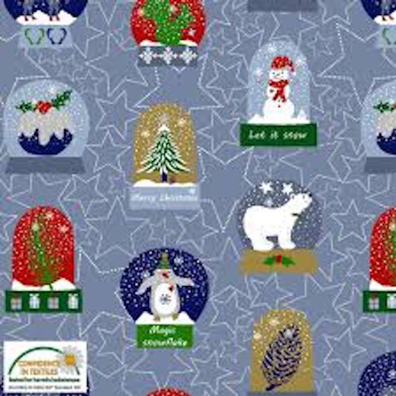 Stof Fabrics 4497-035 Snow House Snow Globes Blue Cotton Fabric By The Yard