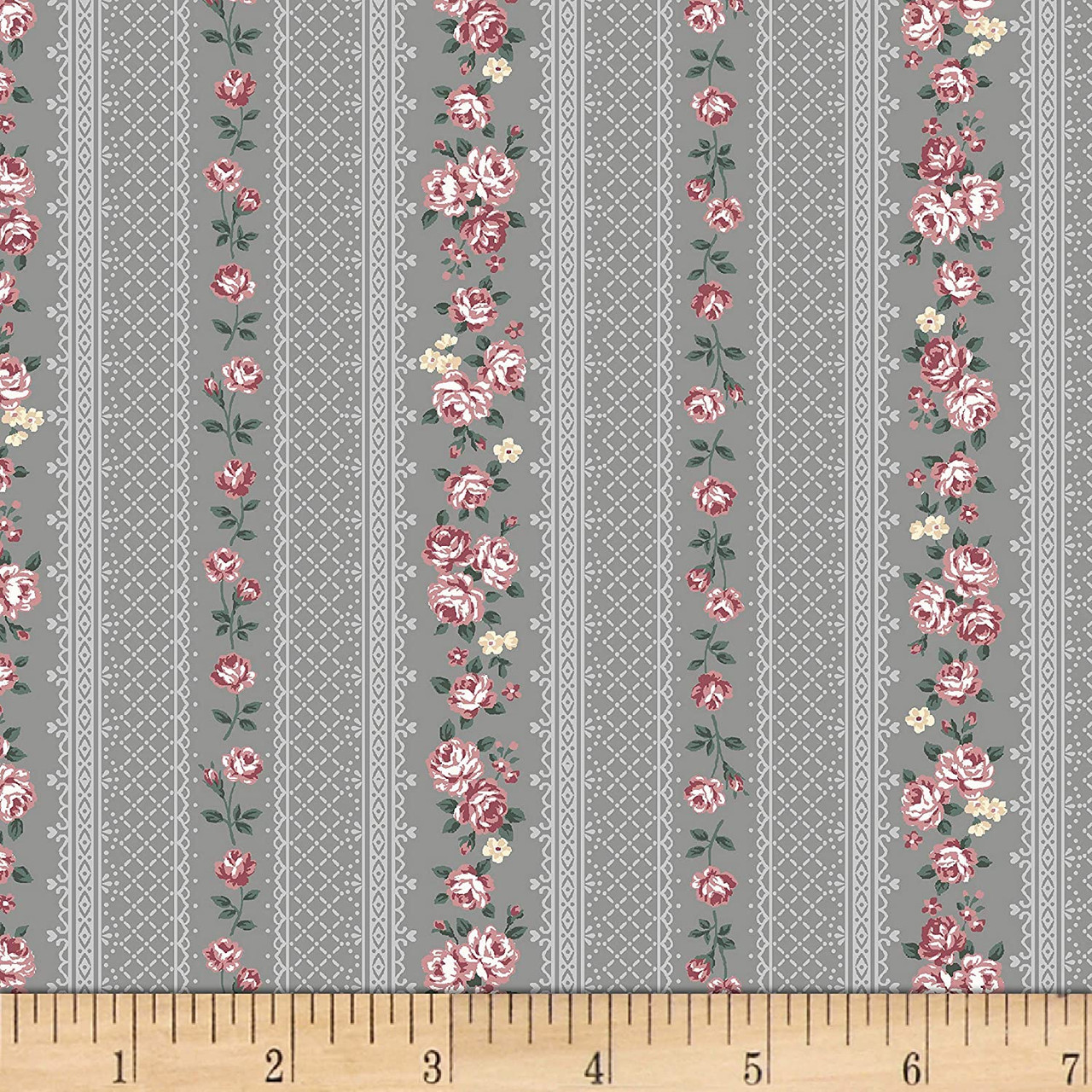 Stof Fabrics 4501-043 Emily Roses Row of Roses Gray Cotton Fabric By The Yard