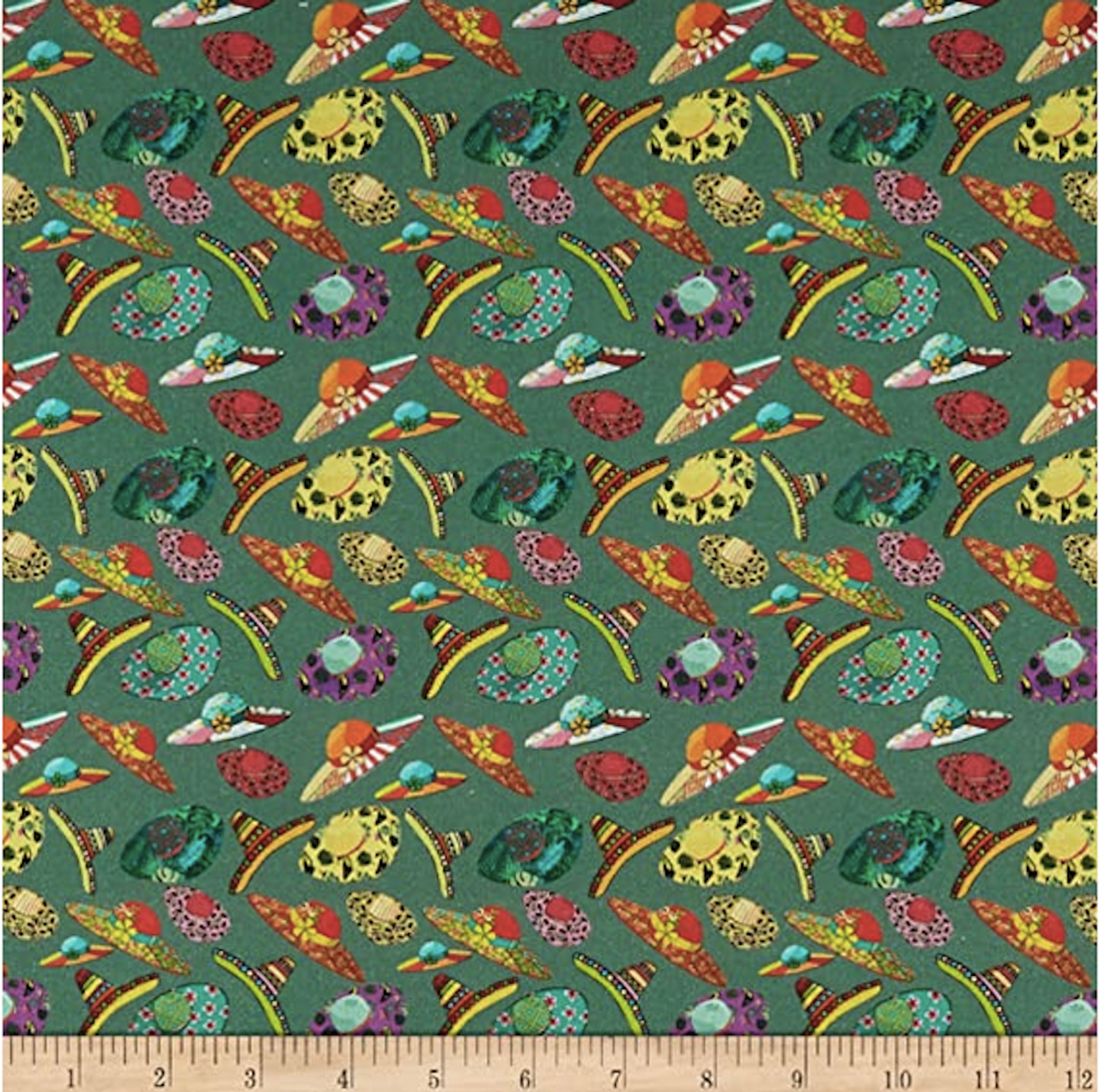 Stof of France Plage Beach Hats Green Cotton Quilting Fabric By The Yard