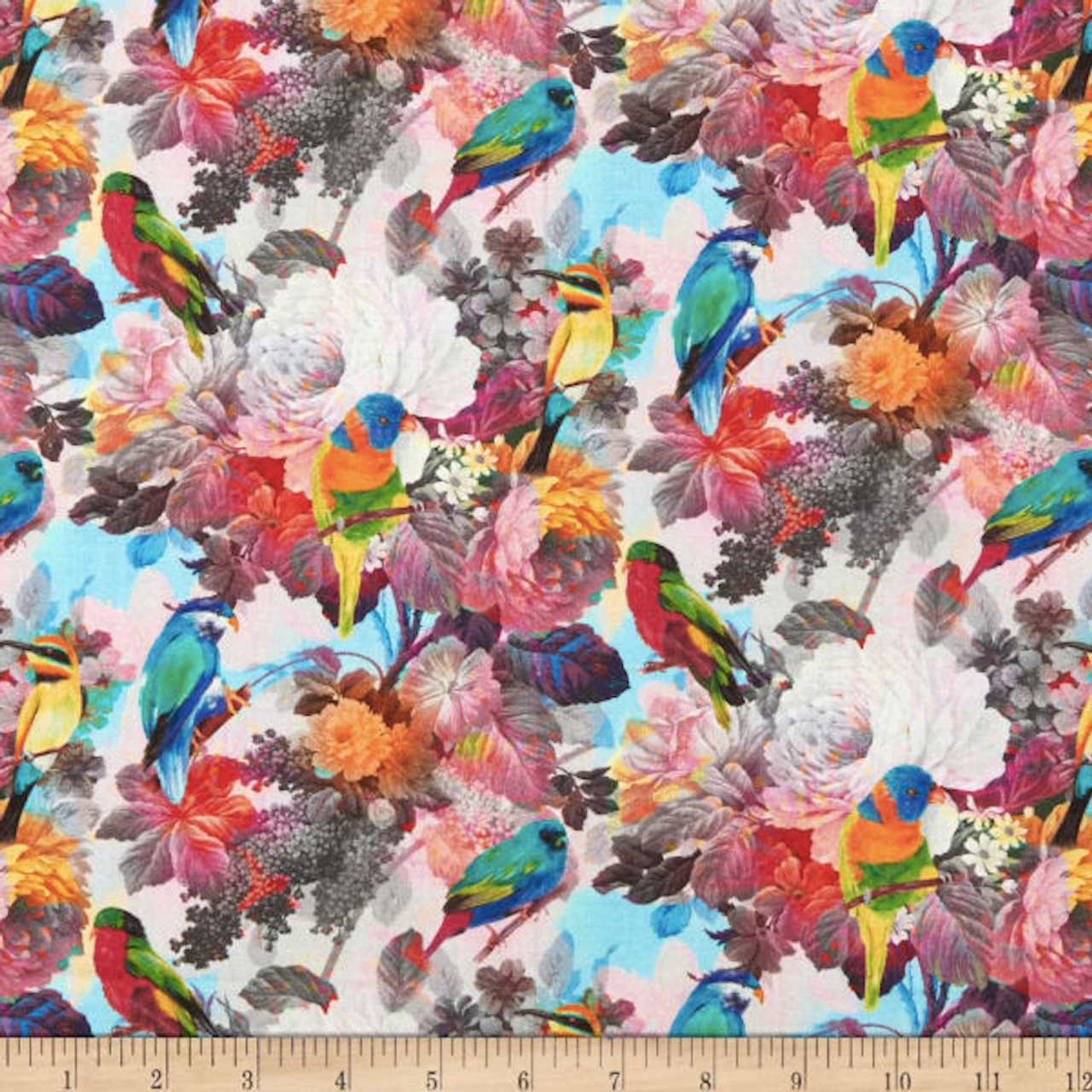 Stof of France Watercolor Birds Pink Blue Cotton Quilting Fabric By The Yard