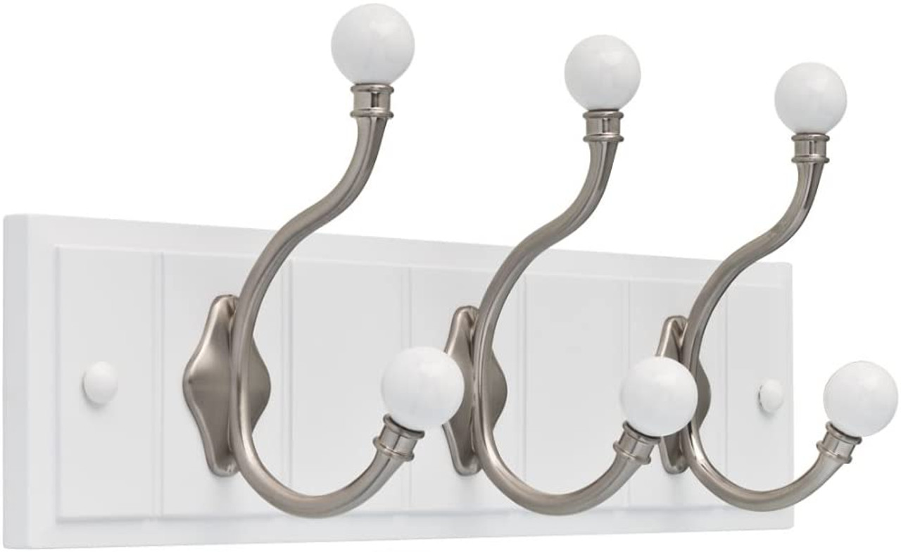 Franklin Brass 16" Kendra Beadboard 3 Hook Coat/Hat Rail White w/ Satin Nickel Hooks