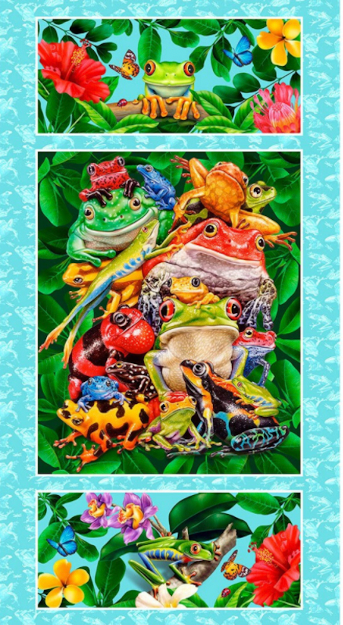 Studio E Jewels of the Jungle 24" Frog Banner Cerulean Cotton Fabric By The Panel