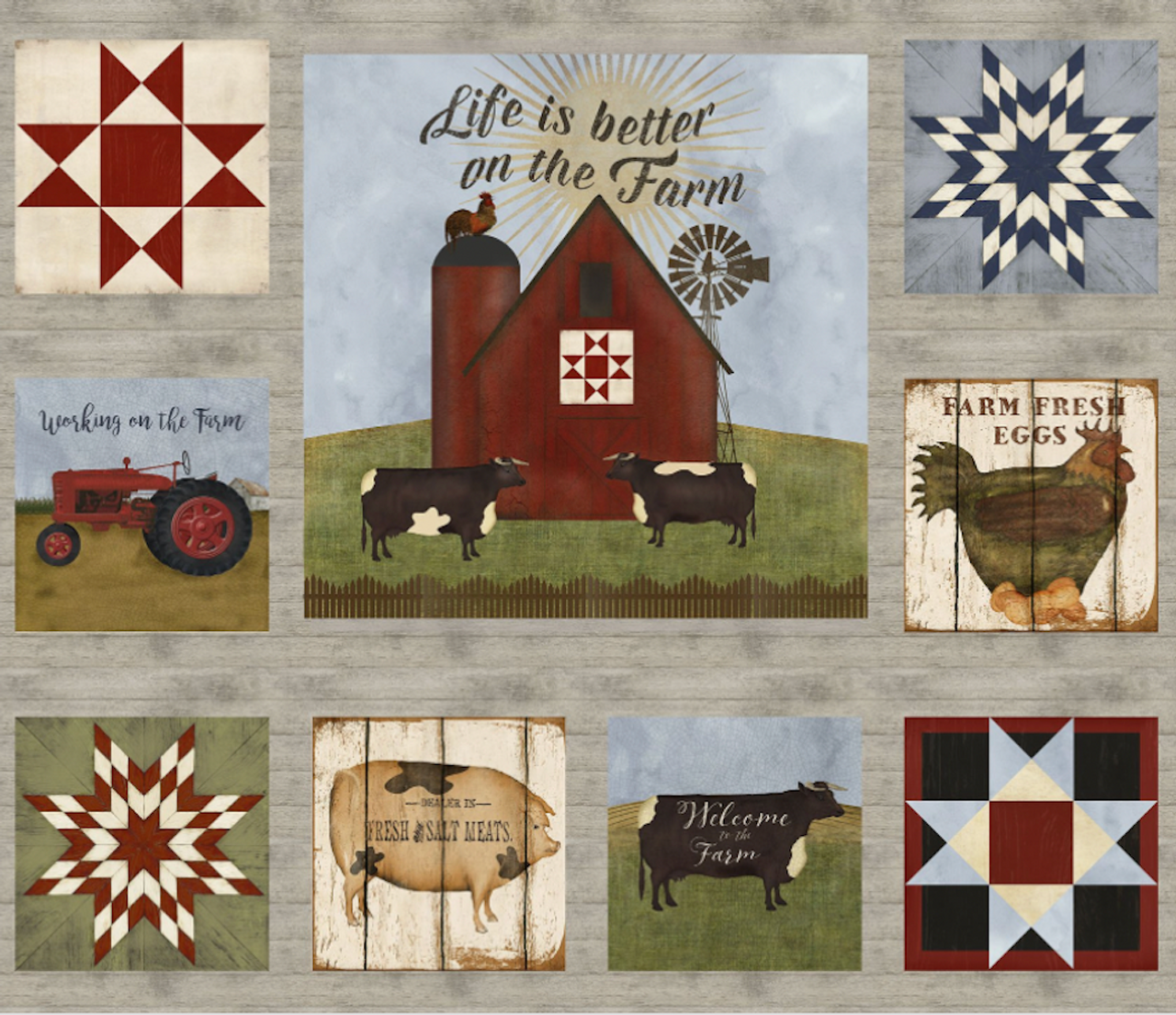 3 Wishes 16563 On The Farm Barn Panel Cotton Fabric By The Yard