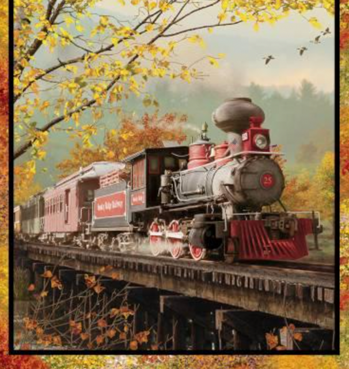 3 Wishes 16584 Autumn Steam Large Train Panel Cotton Fabric By The Yard