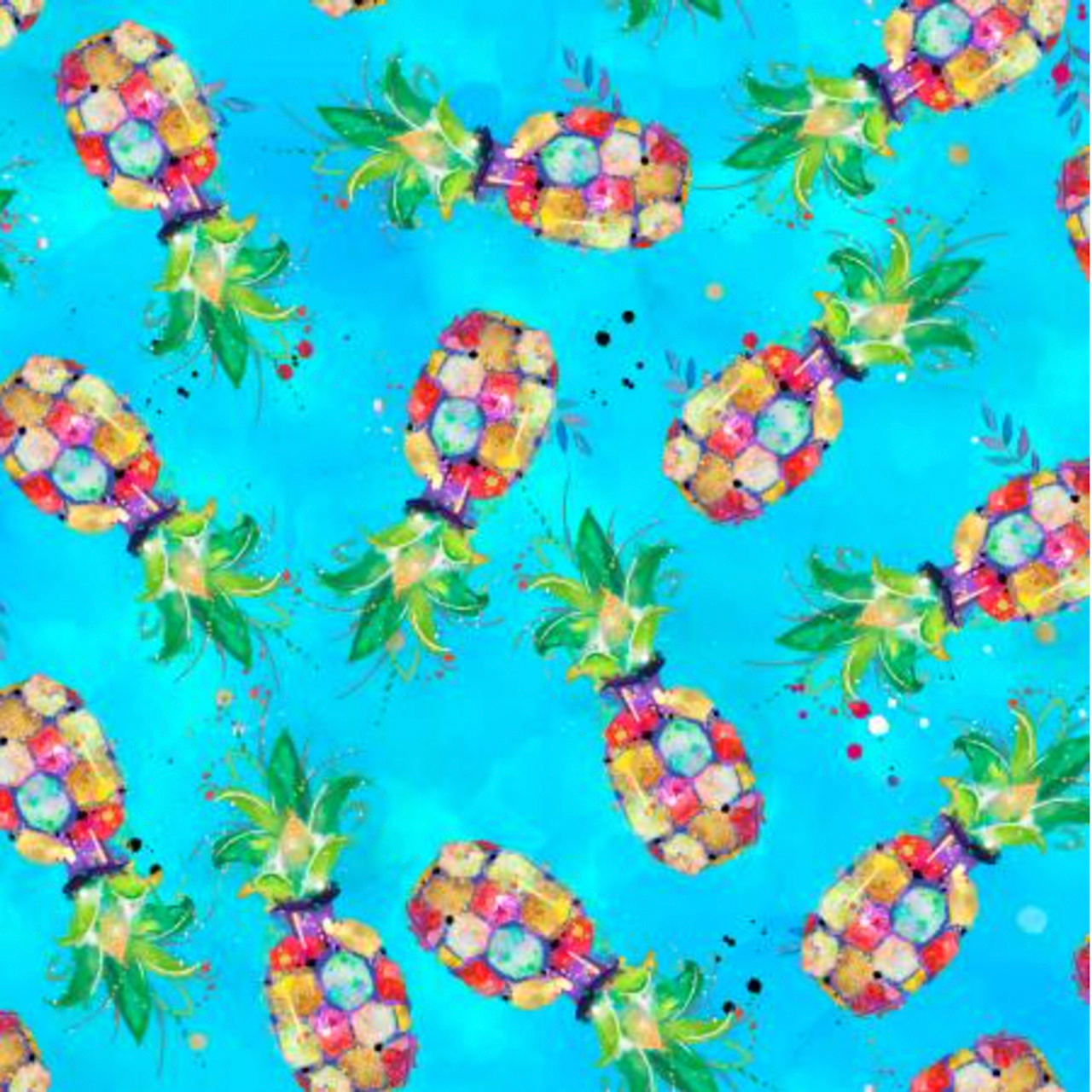 3 Wishes 17321 Party Animals Animal Pineapples Turquoise Cotton Fabric By The Yard