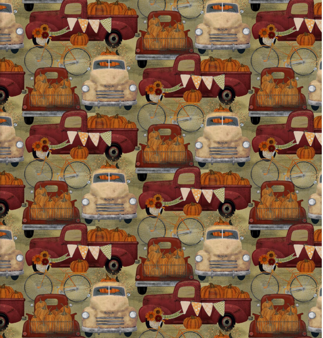 3 Wishes 16636 Harvest Campers Hauling Pumpking Tan Cotton Fabric By The Yard