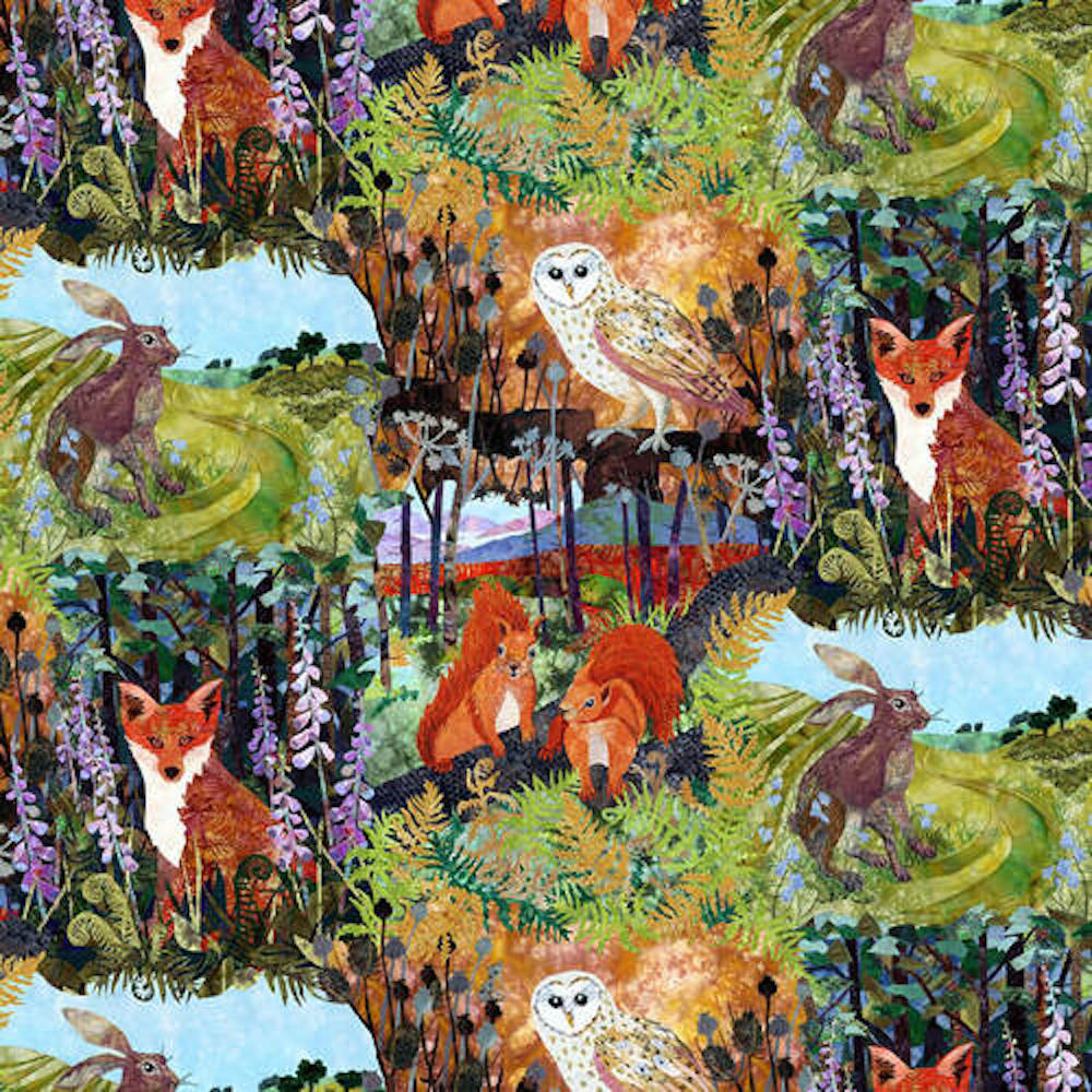 Blank Quilting Down In The Woods Collage Wildlife Scenery Cotton Fabric By The Yard Flying