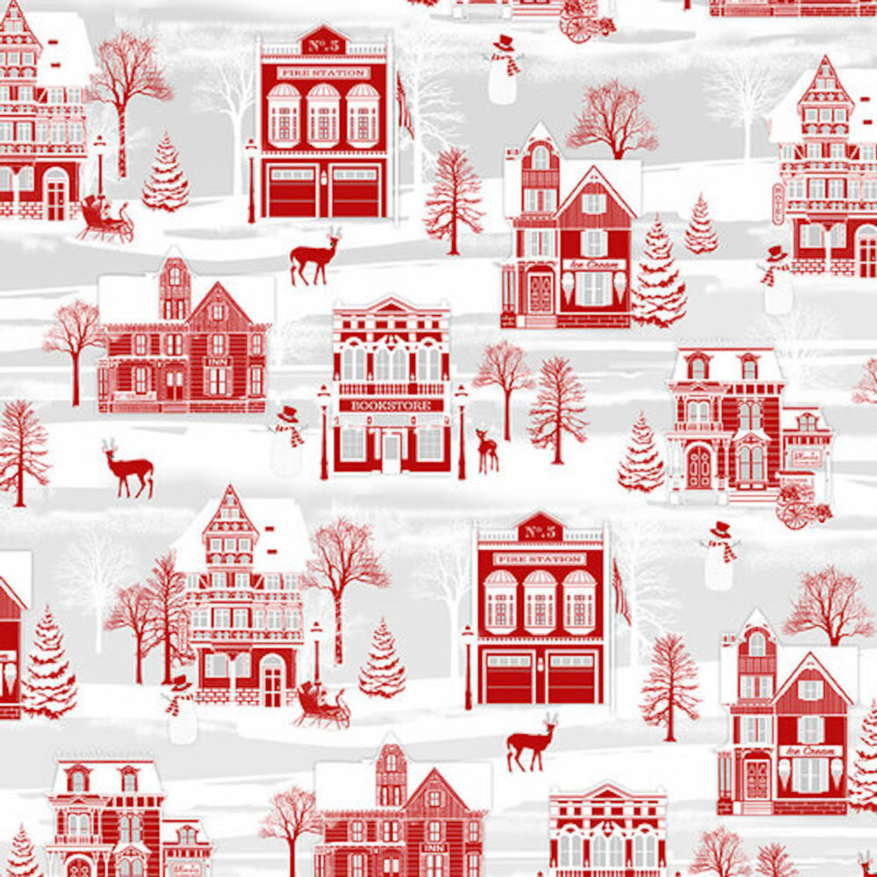 Henry Glass Holiday Lane Winter Village Red Gray Cotton Fabric By The Panel
