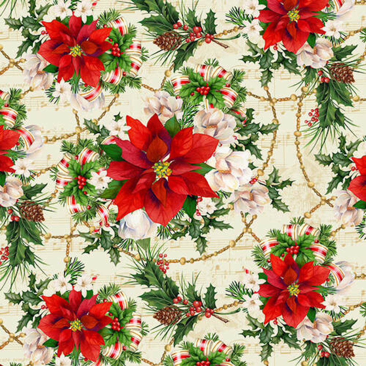 Henry Glass Christmas Legend Poinsettia Print Cream Cotton Fabric By The Yard