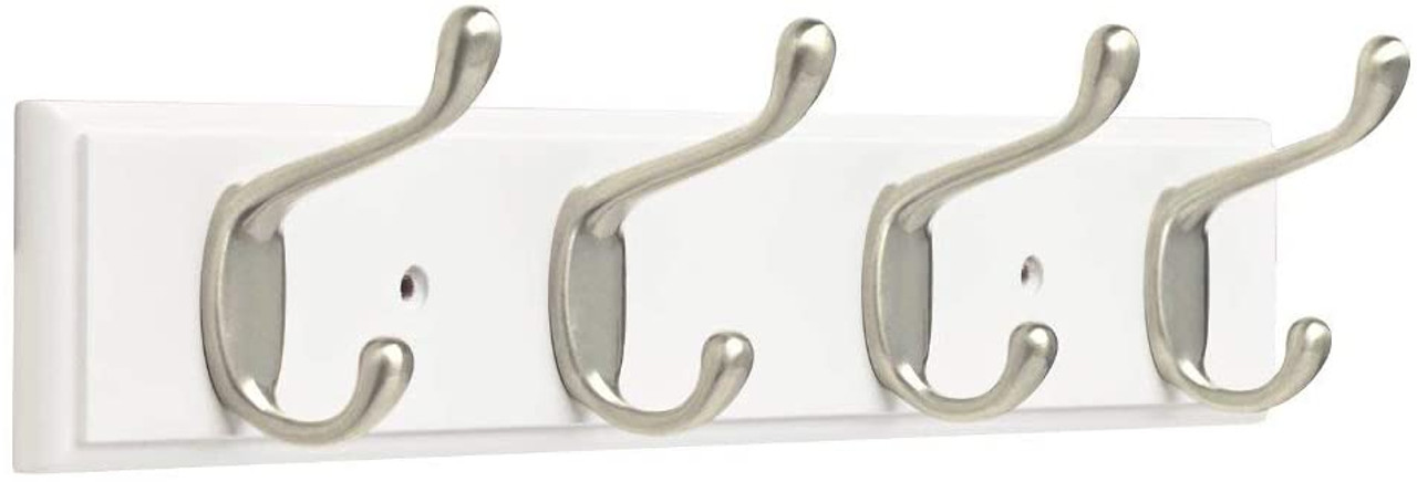 Franklin Brass 16" 4 Hook Coat/Hat Rail White w/ Satin Nickel Heavy Duty Hooks